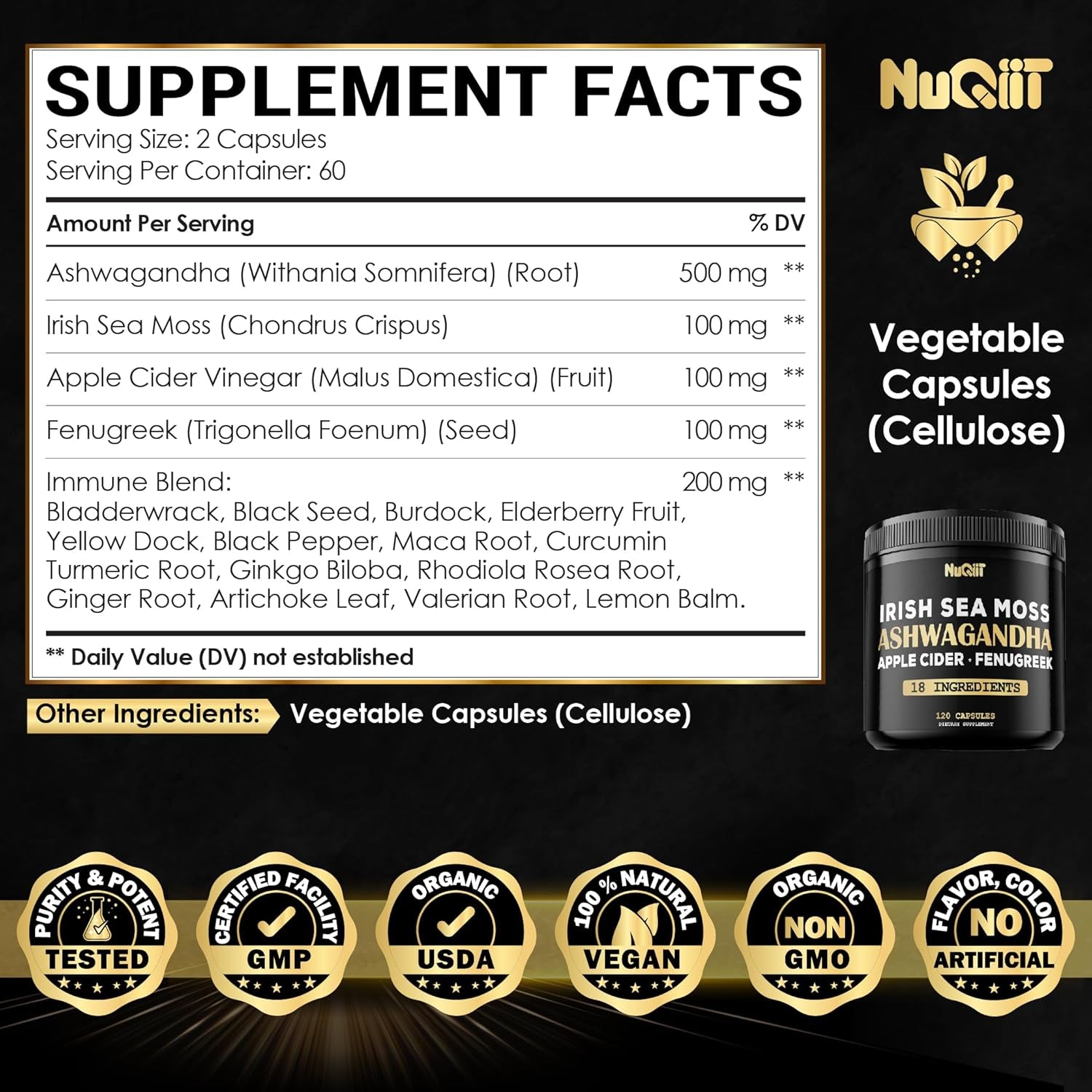 Ashwagandha Capsules - Irish Sea Moss - Apple Cider Vinegar & More - 120 Vegan Capsules