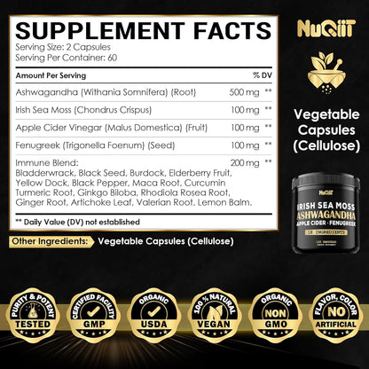 Ashwagandha Capsules - Irish Sea Moss - Apple Cider Vinegar & More - 120 Vegan Capsules